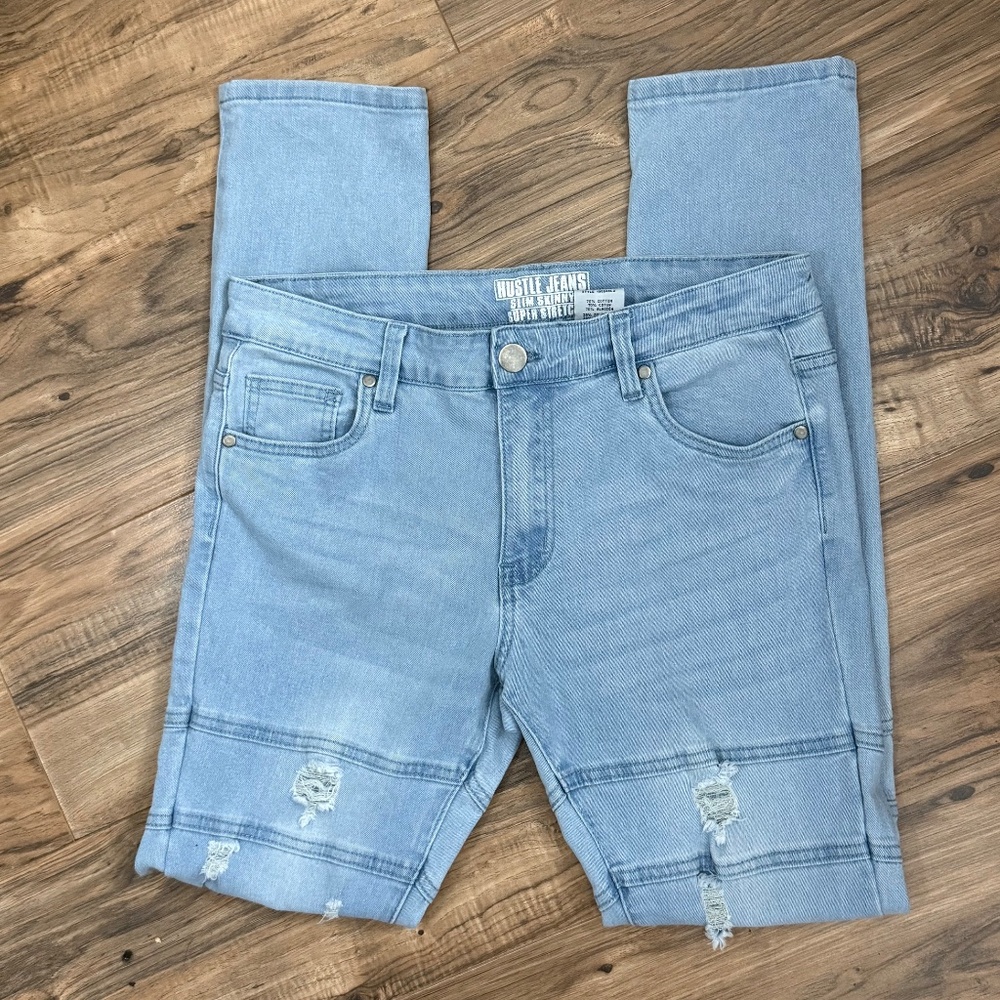 Hustle Women's Light Blue Slim Skinny Super Stretch Distressed Jeans Size 32